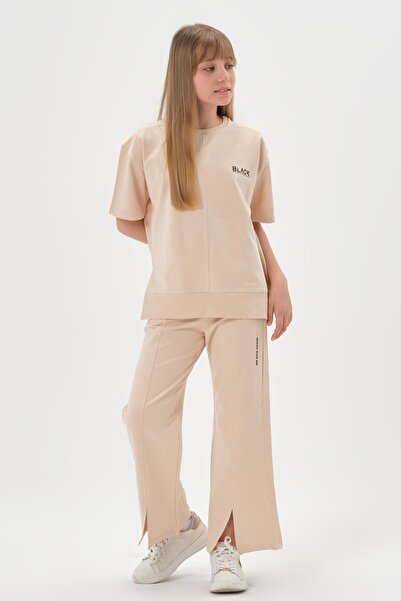 Black One Girl's Crew Neck Printed Slit Detail Plaid Diagonal Jacquard Fabric Bottom Top