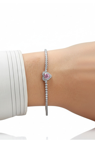 vüs jewel 925 Ayar Gümüş Pembe Kalpli Pırlanta Modeli Su Yolu Bileklik