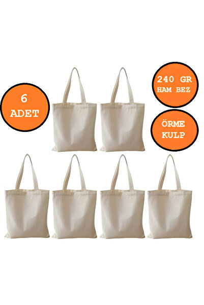 MUTURA Baskısız Ham Bez Çanta 240 Gr. Kumaş Punch Ve Boyamaya Uygun Örme Balık Sırtı Kulp 6 adet