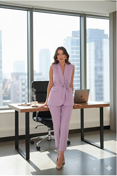 Swass Violet Kuşaklı Lila Yelek Ve Yüksek Bel Pantolon Takım