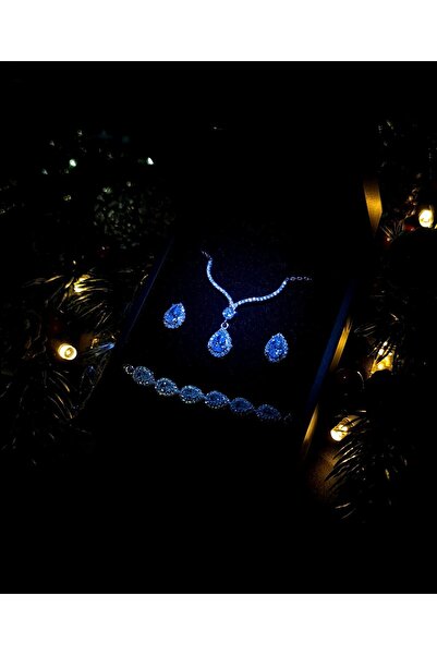 vüs jewel Su Damlası Gümüş Kolye, Küpe ve Bileklik Seti (Işıklı Kutu ile Gönderim)