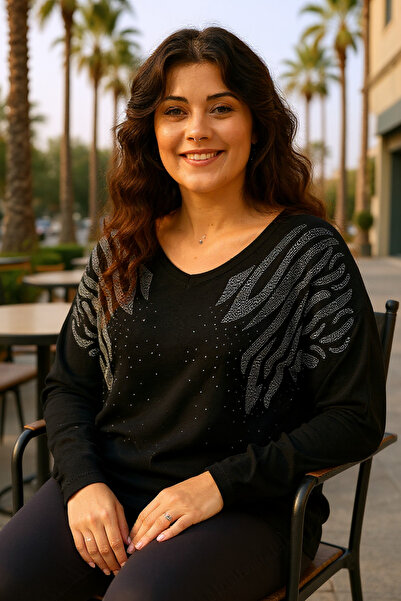 Ebsumu Γυναικεία μπλούζα με μαύρο σχέδιο με πέτρα με μανίκια με μπαλέτο