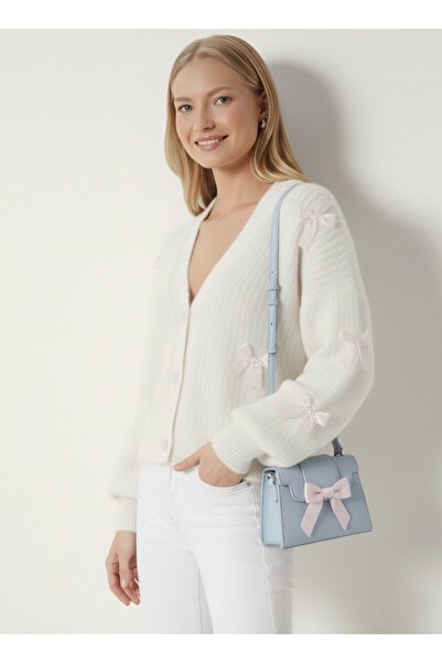 FLEX FASHION Women's Oversized Bow Detailed Ribbon Soft Knitwear Cardigan White