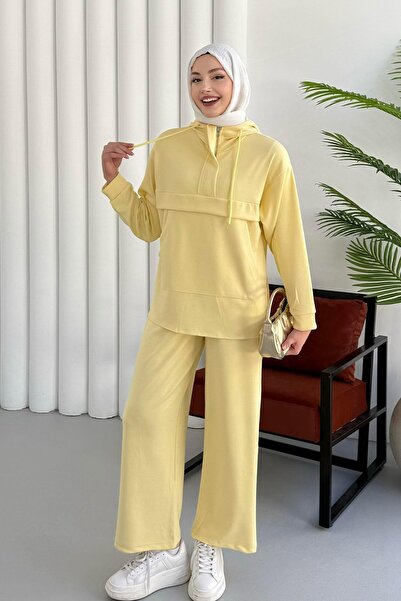 Modaensarbutik Kanguru Cepli Fermuarlı Pantolonlu Tesettür Takım-SARI
