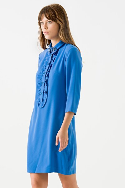 Jus De Pommes Kadın Mavi Yakası Taşlı Önü Fırfır Detaylı Elbise