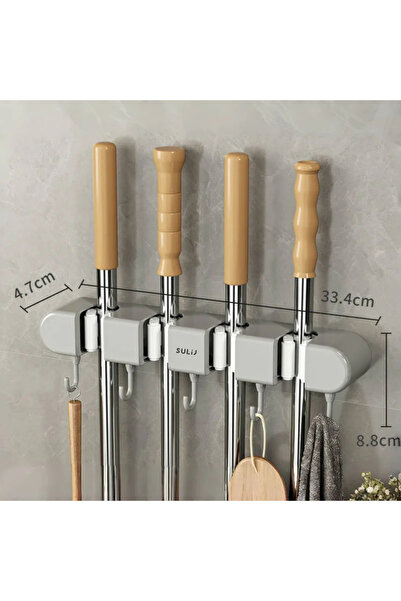 Choice حامل ممسحة ومكانس رمادي اللون مزود بخمسة خطافات مع خطافات، رف تخزين لل...