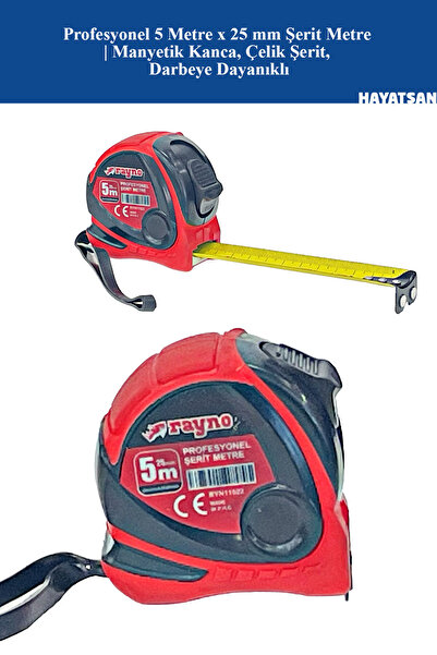 RAYNO Profesyonel 5 Metre x 25 mm Şerit Metre RYN11522 | Manyetik Kanca, Darb...