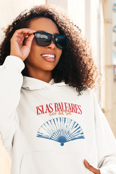 Le'sluette shadow of style Women's Islas Baleares (Fan) Printed Relaxed Karyoka Stitched Hooded Sweatshirt Ecru