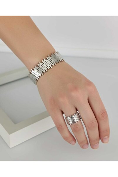 SONES Gümüş Rengi Çelik Kelepçe ve Yüzük 312