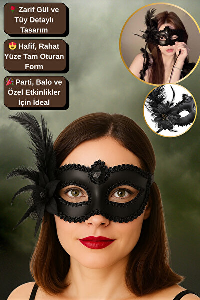Tamsena Store Gizemli ve Zarif Tüylü Güllü Göz Alıcı Venedik Maskesi | Parti ...