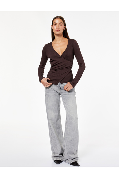 Koton Long Sleeve Slim Fit Wrinkle Double Breasted Collar Blouse with Metal Accessories