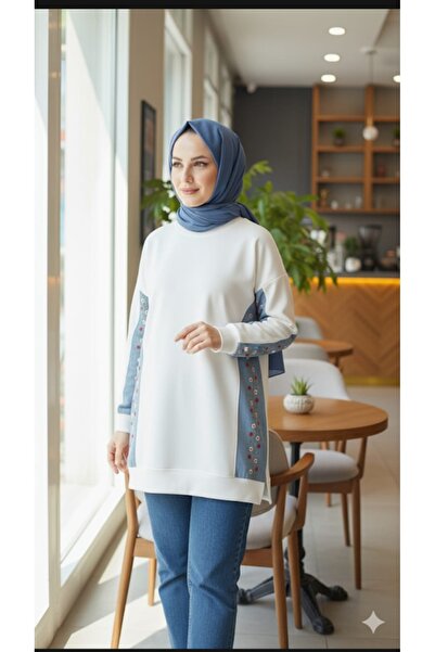 azram Nakış işlemeli kot detaylı tesettür tunik