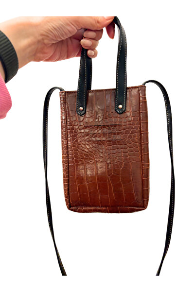 Pinkylola Yeni -mini Lola Model Vegan Suni Taba Krokodil Baskılı Kartlık & Telefonluk Askılı Çanta