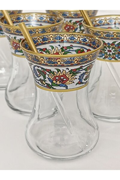 SAMSA Bitkisel Çini Desenli Model Incebelli Bardak Porselen Tabak 6 Kişilik Çay Seti