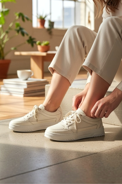 TUNAELLİ Women's Beige Genuine Natural Leather Size 36-41 Lace-Up Sneaker Shoes