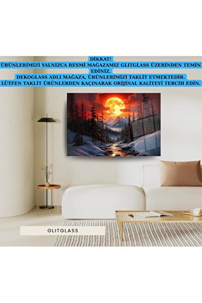 Glit Glass Dolunay ve Dağ Manzarası Cam Tablo Şıklığı