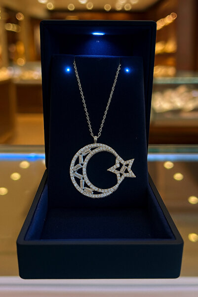 KAR DİAMOND 14 Ayar Altın Zincirli Baget Taşlı Ay Yıldız Kolye - Sertifikalı ...