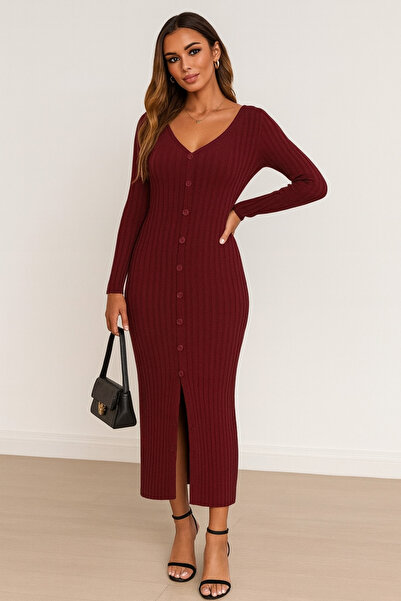 M&G PREMIUM BOUTIQUE Rochie tricotată cu mâneci lungi și nasturi bordeaux – c...