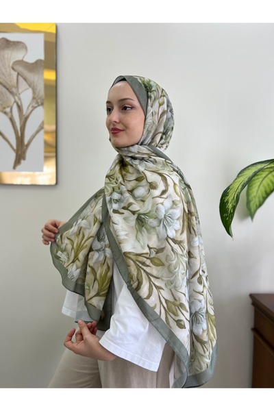 YILDIZ SCARFS شال قطني ناعم بنمط الزنبق باللون الأخضر