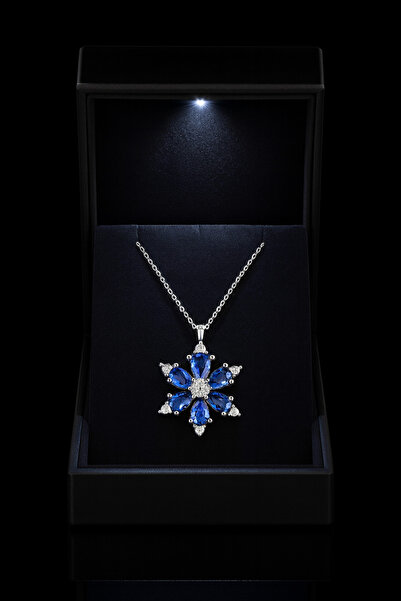 Bilsen Store 925 Ayar Gümüş Zincirli Işıklı Kutulu Akuamarin Taşlı Lotus Kamelya Yaşam Çiçeği Kolye