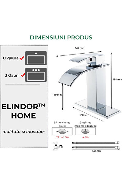 Elindor Baterie lavoar baie tip cascadă ®, finisaj cromat, mâner unic, placă cu 1 sau 3 orificii