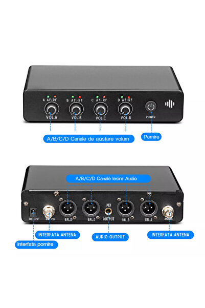 VENTART Set profesional wireless cu 4 microfoane și receptor (UHF), omnidirecțional, portabil - negru