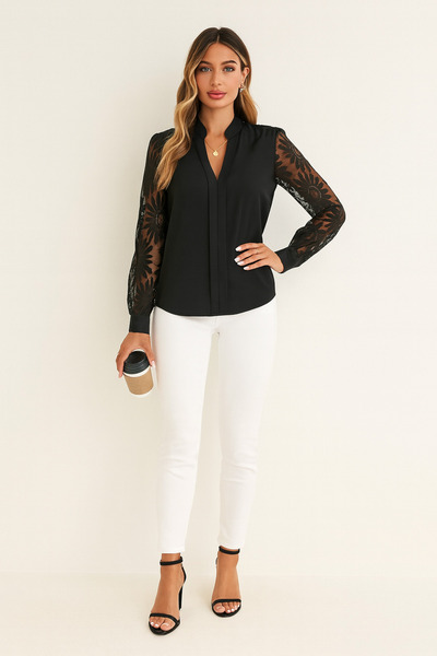 M&G PREMIUM BOUTIQUE Siyah Dantelli Şifon Bluz – Zarif ve Şık Tasarım | Trans...