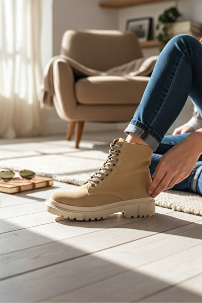 TUNAELLİ حذاء نسائي من الجلد الطبيعي باللون البيج من جلد الغزال 35-41 برباط