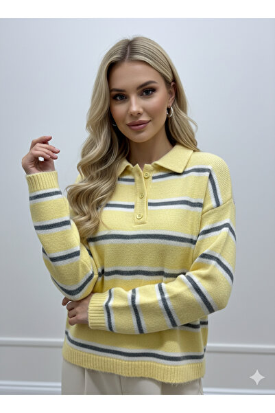 dilber fashion Striped Buttoned Cotton Soft Textured Knitwear Sweater