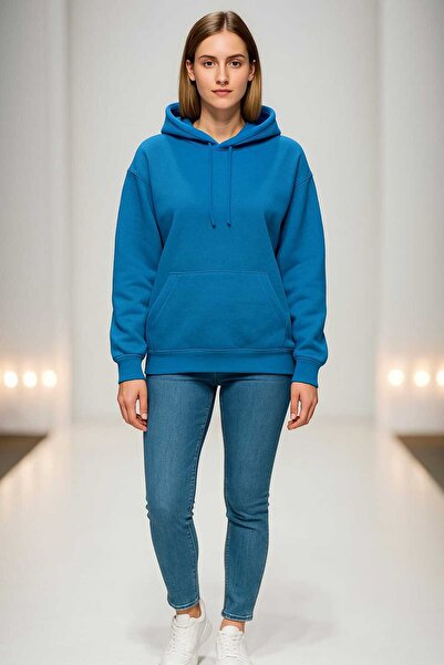 LiyAdaCo Φούτερ Unisex 3 Thread K με κουκούλα Plain O oversized Petrol Blue -Φούτερ με κουκούλα