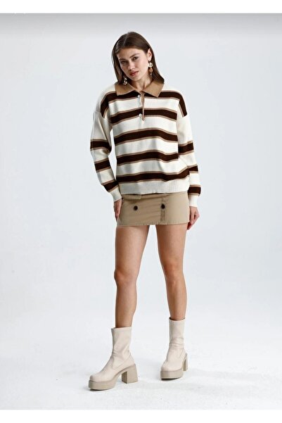 trivvy Pulover de damă cu gât polo cu dungi