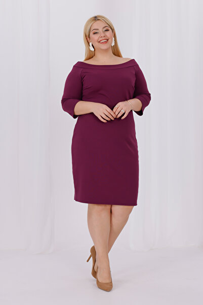 Mooi XXL Γυναικείο μωβ φόρεμα Carmen γιακά τριών τετάρτων, ελαστικό κρεπ φόρεμα