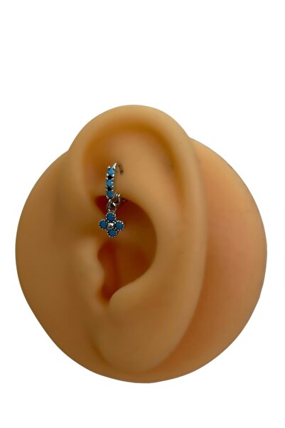 Siminkari Firuze Taşlı Sallantılı Yonca Tragus Küpe 925 Ayar Gümüş Üzerine Rodyum Kaplama