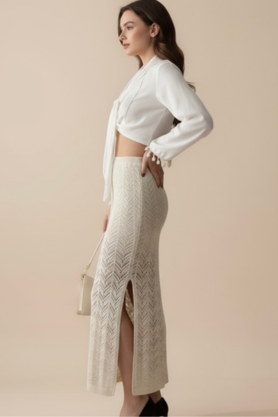 Store Zikzak Desen Astarlı Yırtmaç Detaylı Triko Etek