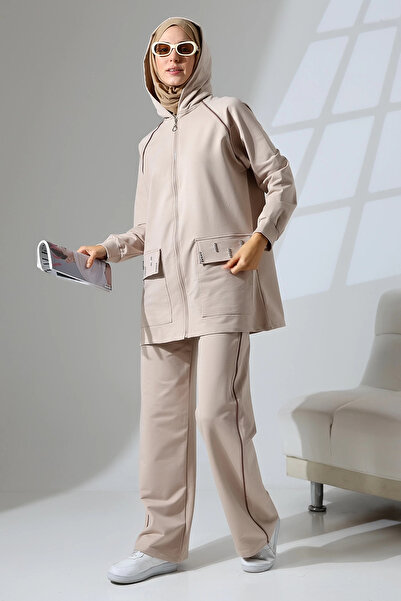 Mihran Butik بدلة نسائية رياضية ومريحة من القطن الممشط بلون الحجر - موسمية