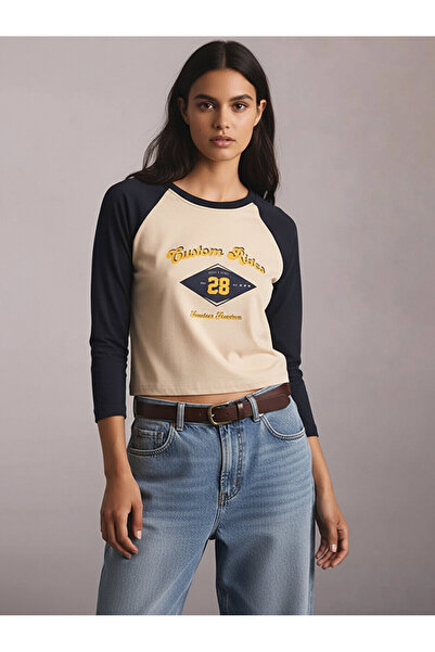 Ltb Long Sleeve Crew Neck Slogan Printed Crop Cream Sweatshirt