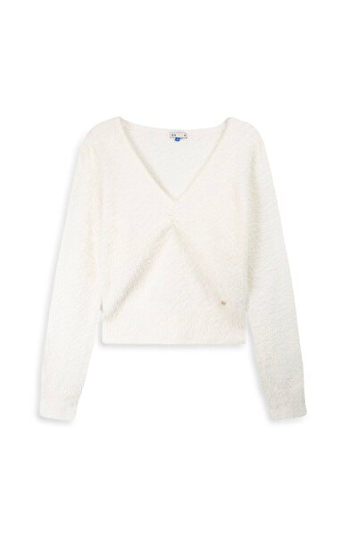 Ltb Long Sleeve V-Neck Basic White Sweater