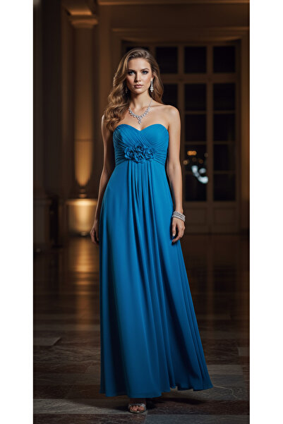 Lumora TURKUAZ STRAPLEZ ŞİFON ASTARLI ABİYE MEZUNİYET ELBİSESİ