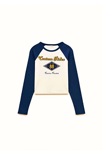 Ltb Long Sleeve Crew Neck Slogan Printed Crop Cream Sweatshirt