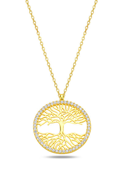 KAR DİAMOND 14 Ayar Altın Zincirli Zirkon Taşlı Hayat Ağacı Kolye - Sertifika...