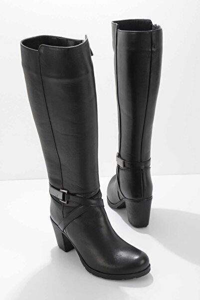 Kocamanlar Ayakkabı Ayakdaş Below-The-Knee Buckle Heeled Genuine Leather Women's Boots Black