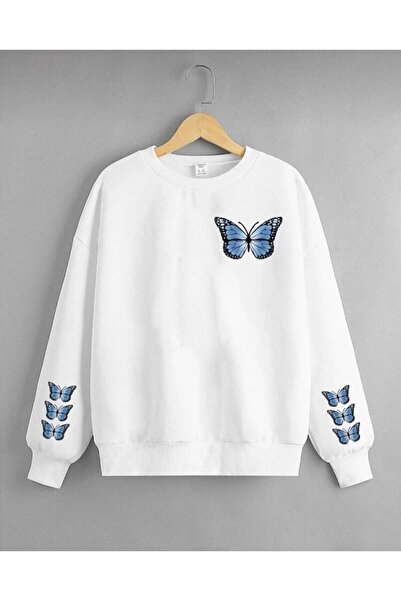 Topçu Beyaz Kelebek Baskılı Unisex Çocuk Sweatshirt
