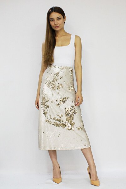 VENTİUP Altın Rengi  Bej Çift Renkli  Payetli Uzun Kadın Etek