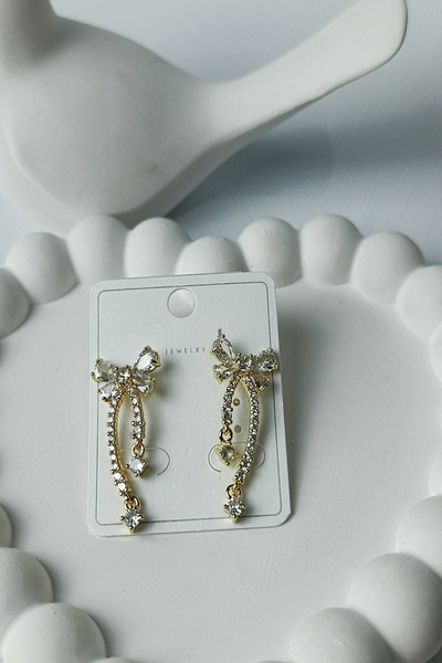 Birmem Kadın Gold Rengi Kristal Taşlı Fiyonk Model Sallantılı Abiye Lüks Küpe