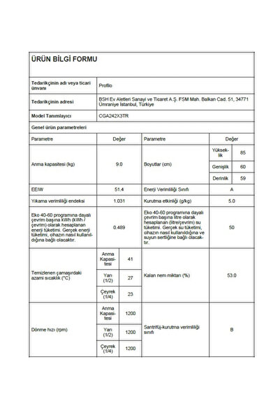 Profilo CGA242X3TR 1200 Devir 9 kg Çamaşır Makinesi
