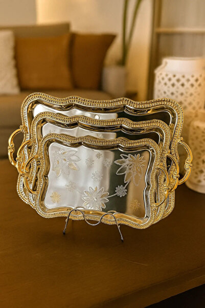 Urbanza طقم صواني تقديم فاخرة بمقبض ذهبي من 3 قطع - صينية معدنية أنيقة للطعام...