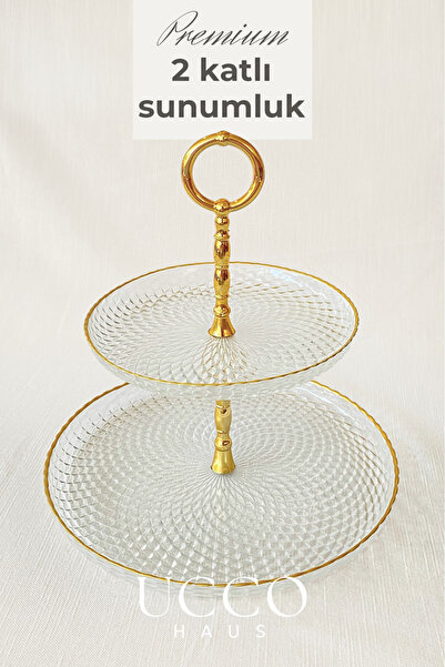 UCCO 2 Katlı Aden Premium Lüks Gold Cam Sunumluk Tabak | Çay Saati Kahve Yanı...