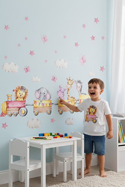Kt Grup Yavru Hayvanlar Tren Yolculuğu Bebek Ve Çocuk Odası Pastel Renk Duvar...
