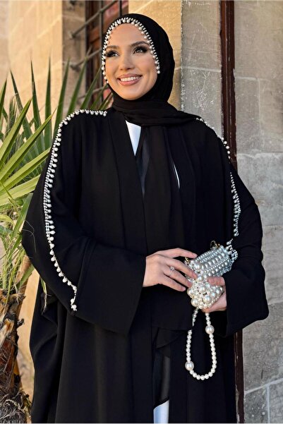 TRENDTESETTÜR KADIN SİYAH İNCİ DETAYLI TULUMLU ABAYA TAKIM T 2948