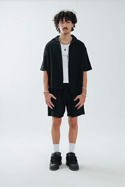 Twobucks Alaçatı 100% Cotton Linen Black Men's Shirt and Shorts Set